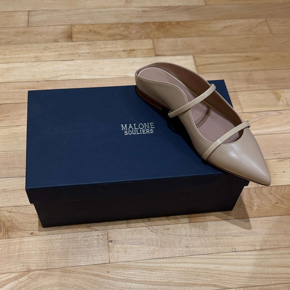 Malone Souliers Nude Patent Pointed Mary Jane Flats with Twin Straps